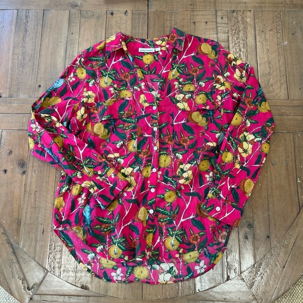Roller Rabbit Arles Isla Floral Bird Popover Blouse Medium Tropical Boho Beachy